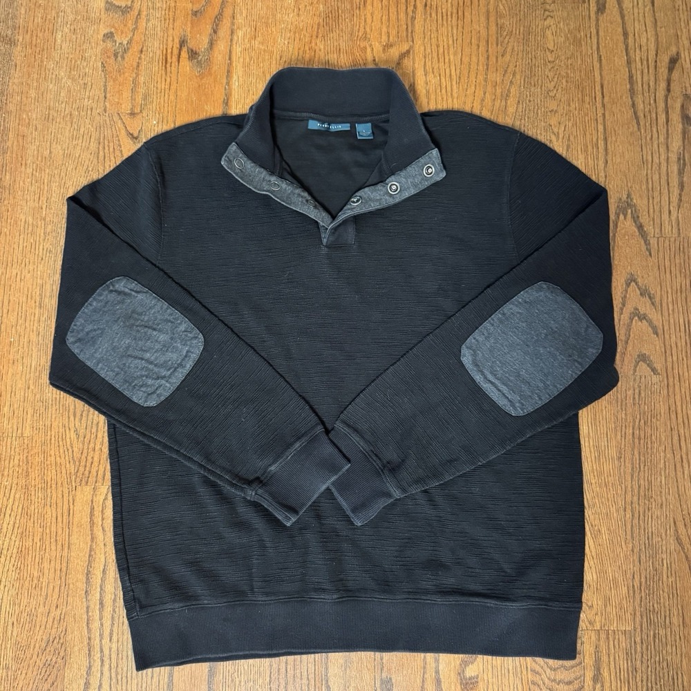 Perry Ellis Elbow Patch Textured 1/4 Snap Heavyweight Pullover Shirt Preppy L